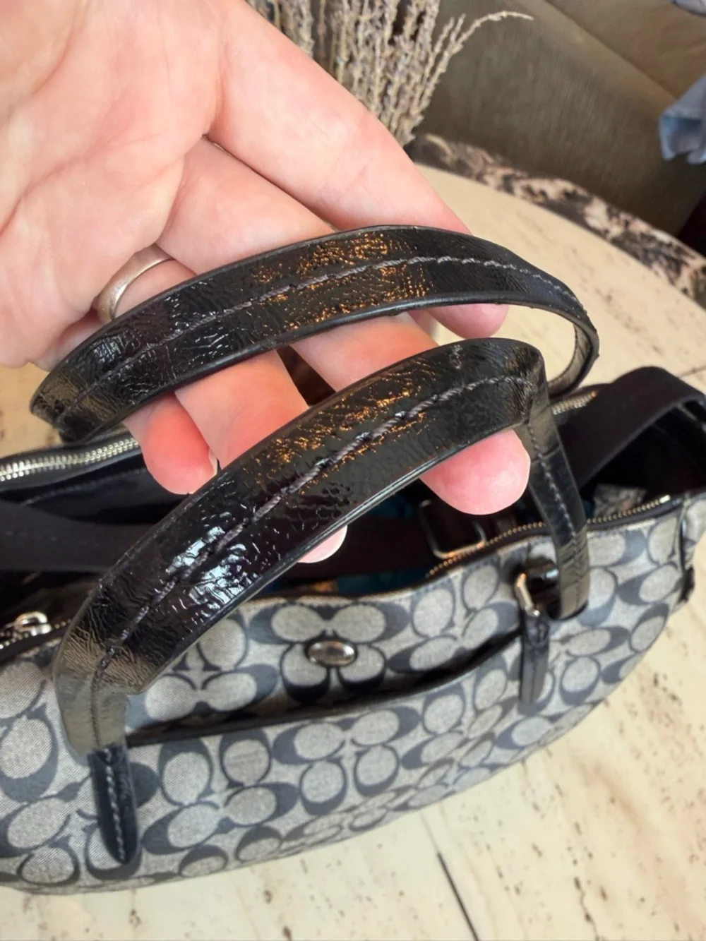 2013 Coach Gray Signature Monogram in Coated Leather 2 Way Diaper Bag